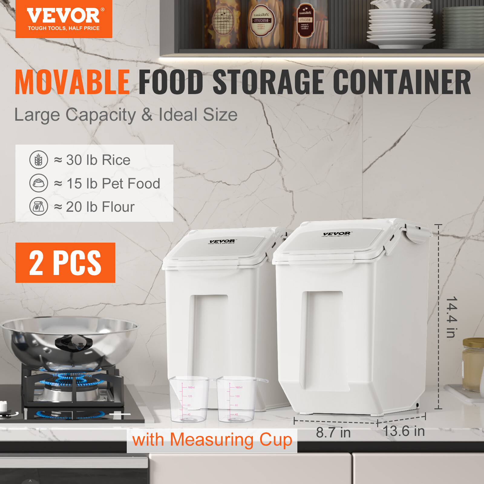 VEVOR 2x15L Ingredient Storage Bin Dog Pet Food Storage Container On Wheel w/Cup