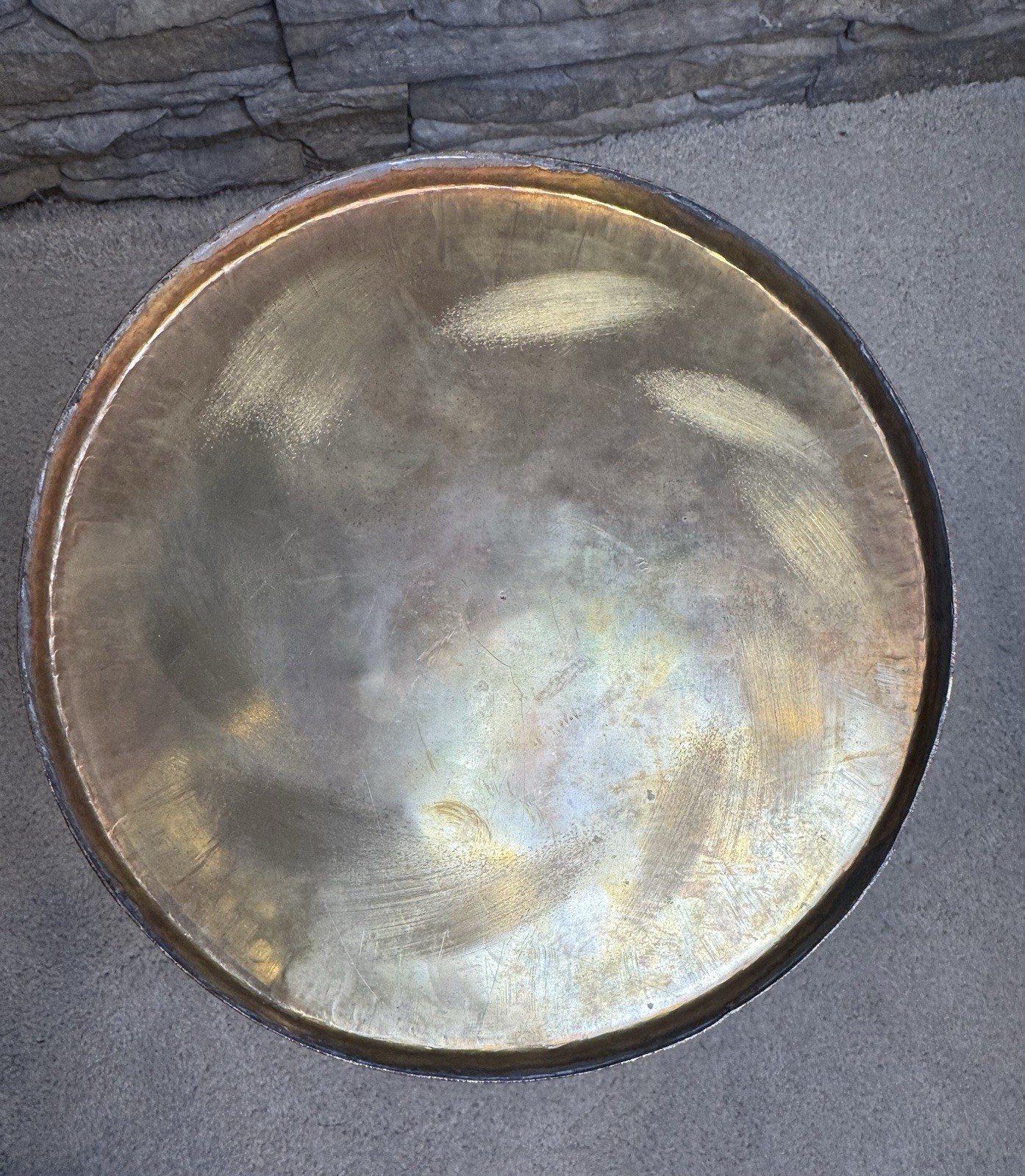 18" Tall Vintage Hammered Brass Umbrella Stand With Lion Head Handles Hong Kong