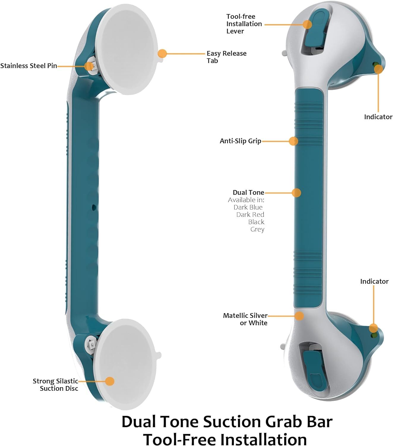 17in Suction Shower Grab Bar with Indicators, Balance Assist Steady Handle