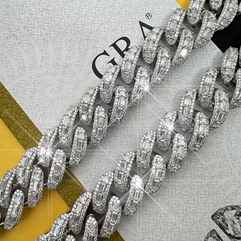 GRA Moissanite Cuban Link Necklace Silver White Baguette Box Clasp