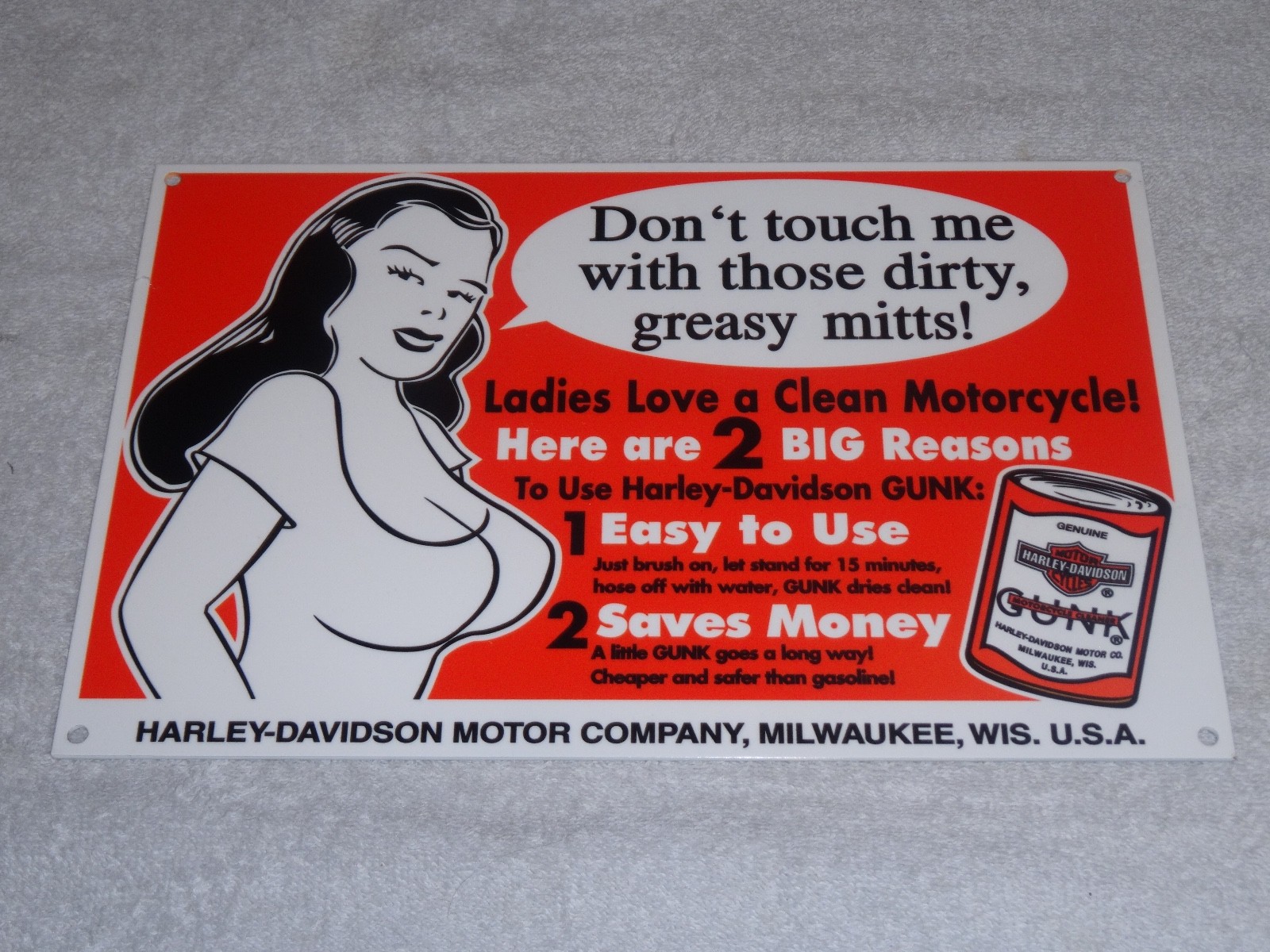 VINTAGE HARLEY DAVIDSON MOTORCYCLE GUNK WOMAN 12" MOTOR CYCLE GASOLINE OIL SIGN!