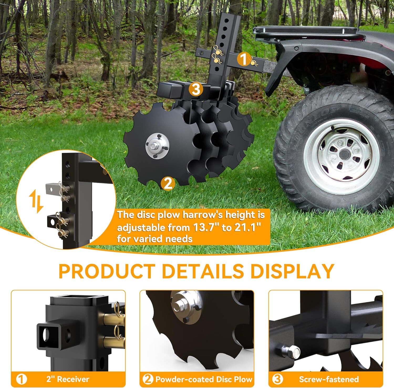 28" Width Disc Plow Harrow W/2" Receiver Mount for ATV UTV Steel Heavy Duty