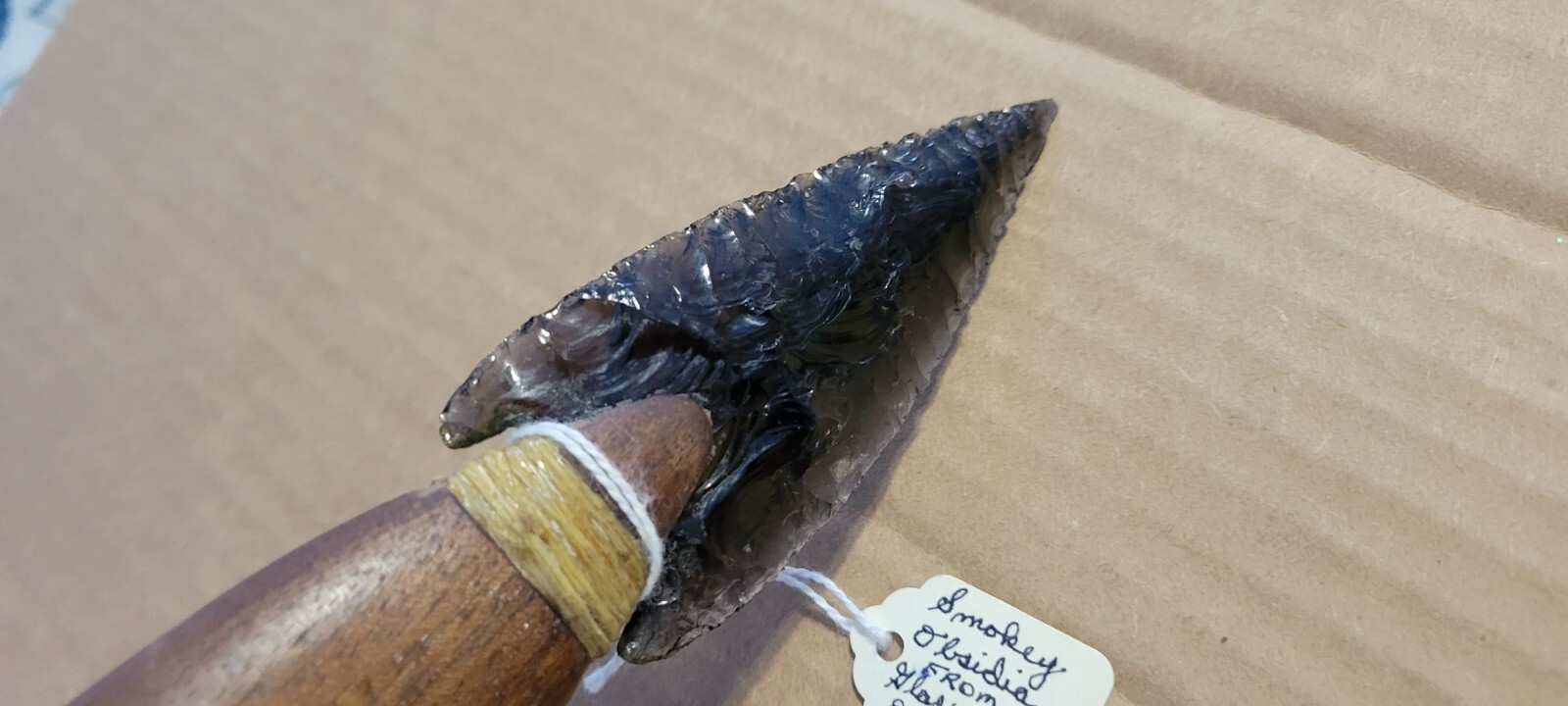 Native Amer.Smokey Obsidian Stone Knife Wood Handle Oregon Dbl. Edge Translucent