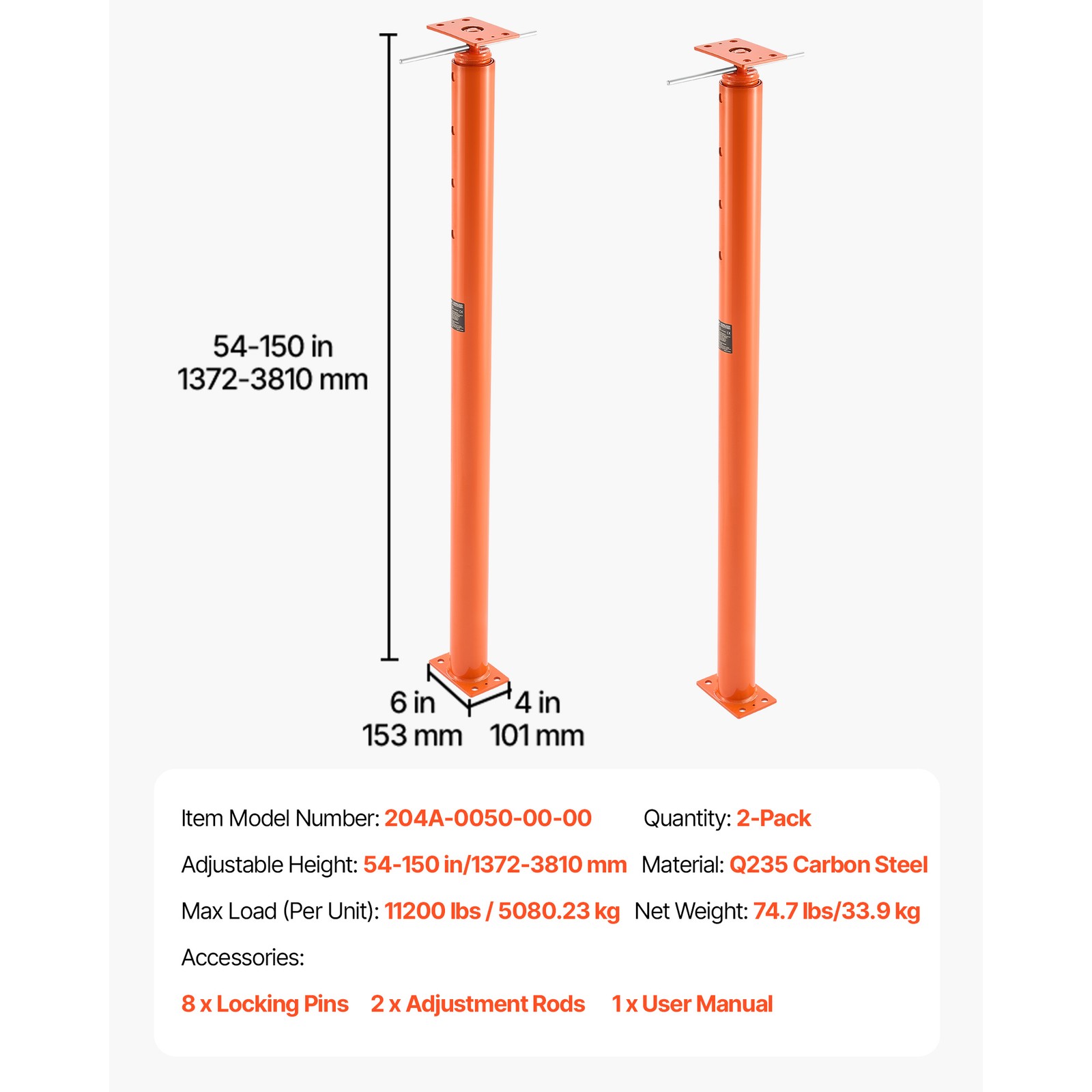Uimoso Adjustable Floor Jack Posts for Leveling, 2PCS, Height Range 54-150 in