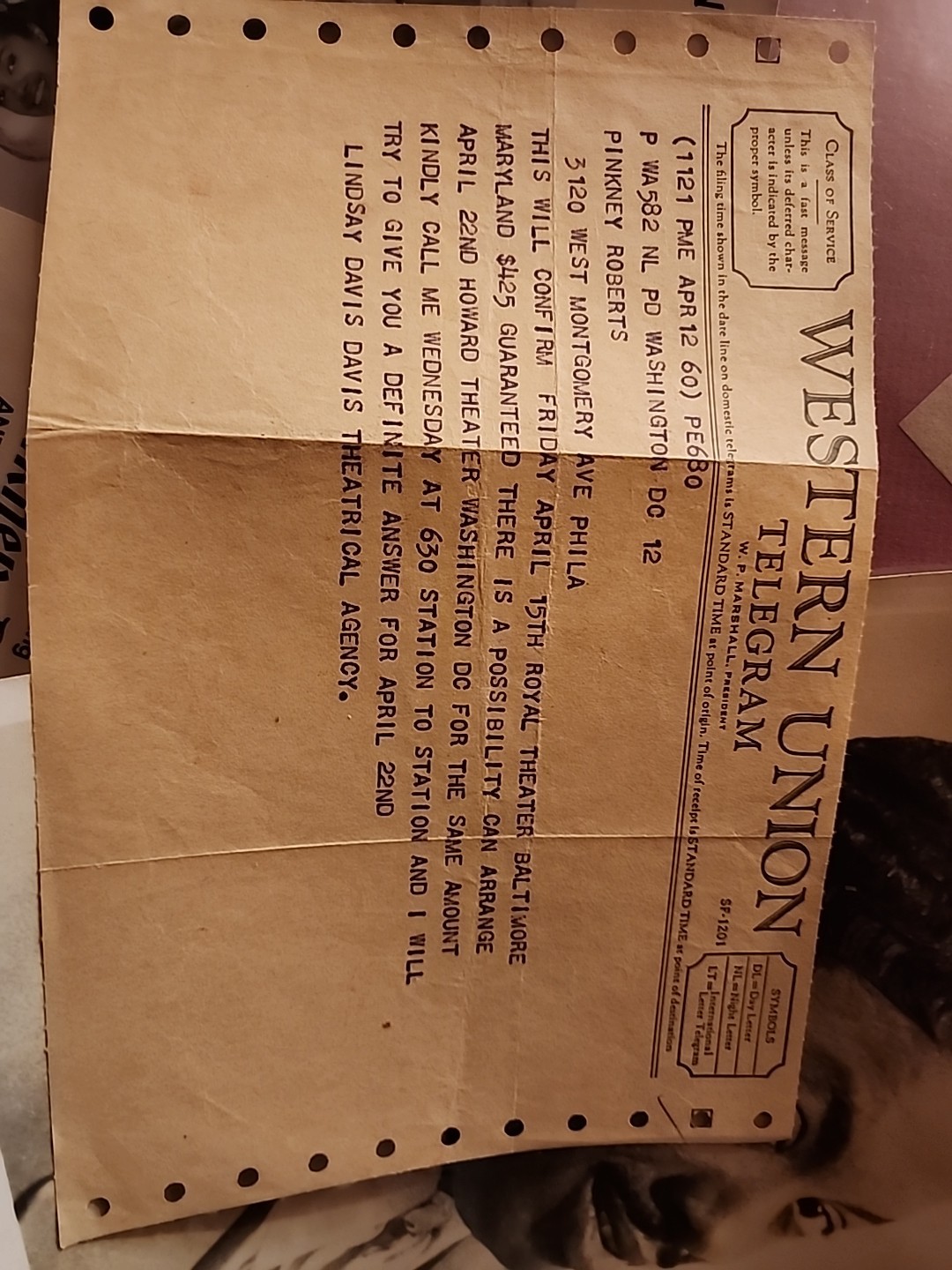 1960 PINKNEY ROBERTS FASHION PLATE EMCEE HANDBILL PRESS PHOTOS TELEGRAM VINTAGE