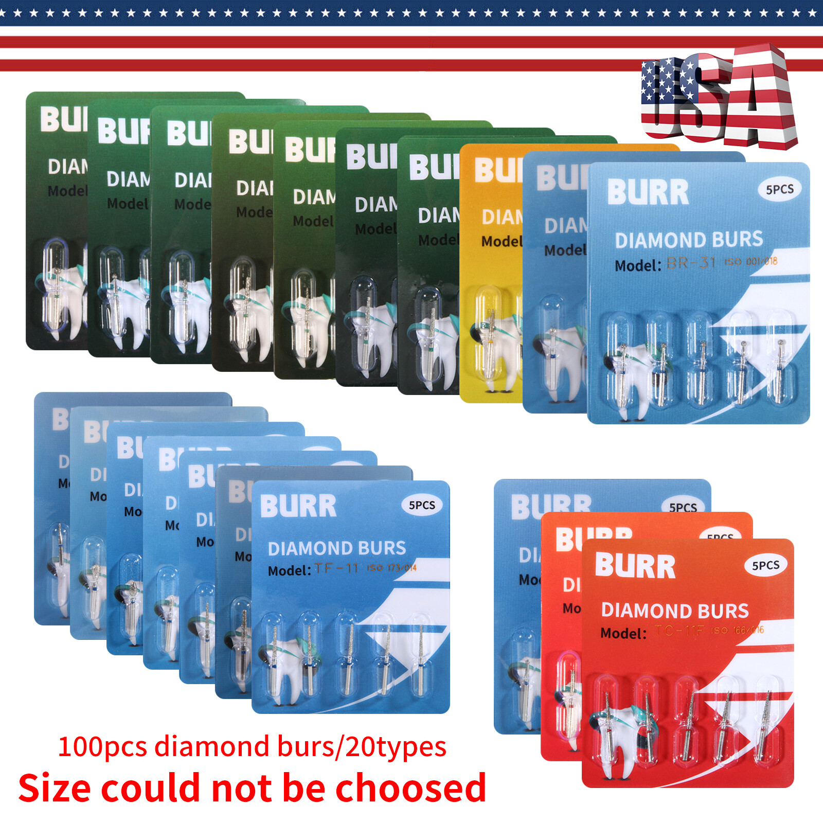 100 fresas diamante para turbina Diamond Burs dental High speed handpiece 1.6mm