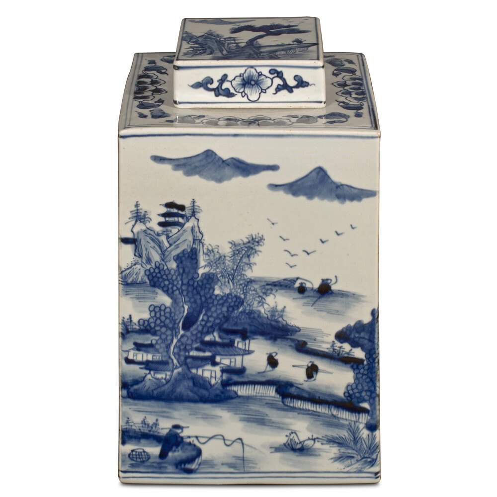 US Seller - Blue and White Porcelain Scenery Chinese Tea Jar