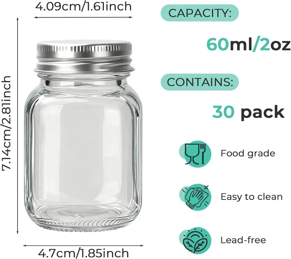 2 Oz Glass Mason Jars Silver Lids 30 Pack Small Glass Jars Mini Spice Jars Honey