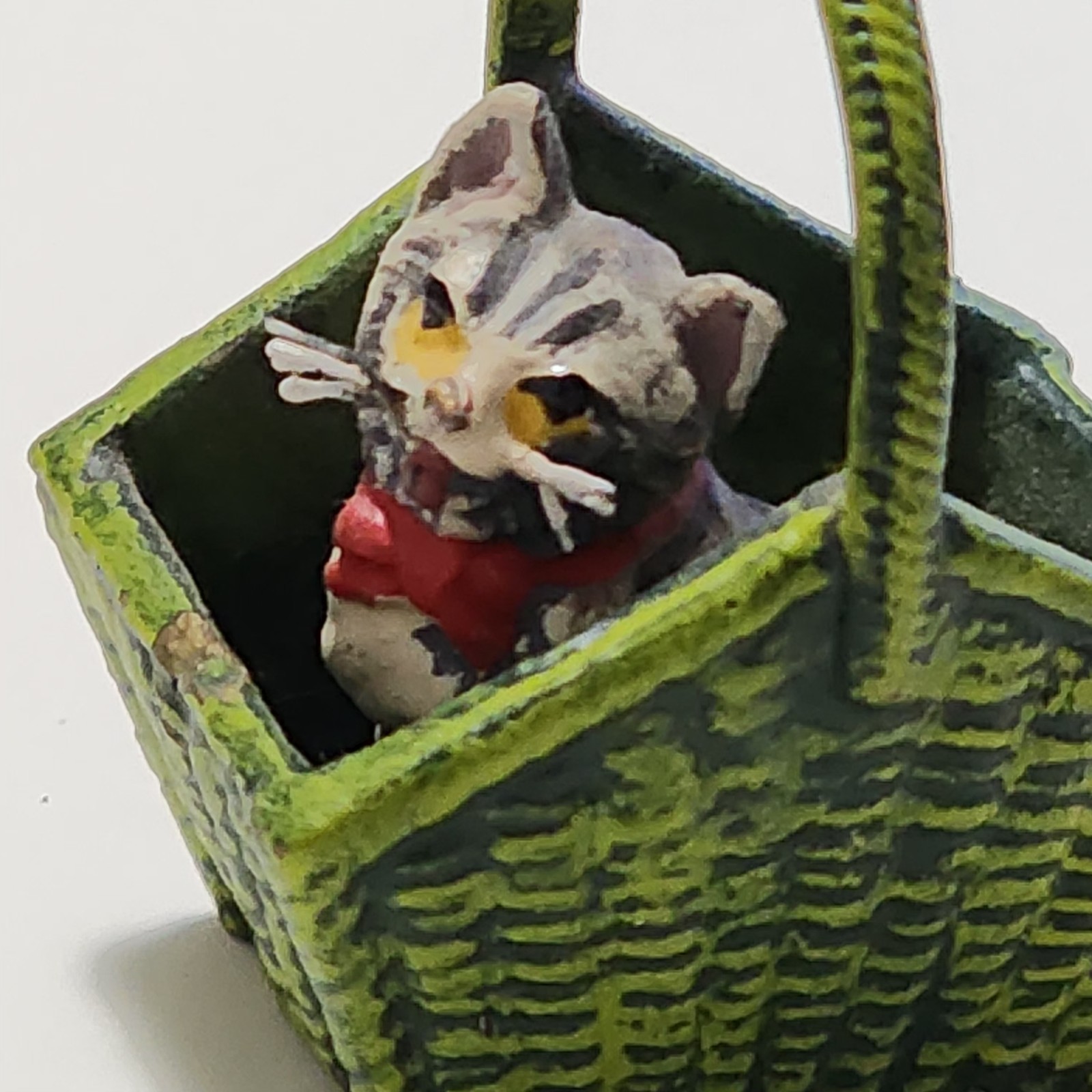 Bermann Vienna Bronze Cold Painted Kitten in Green Basket Figurine