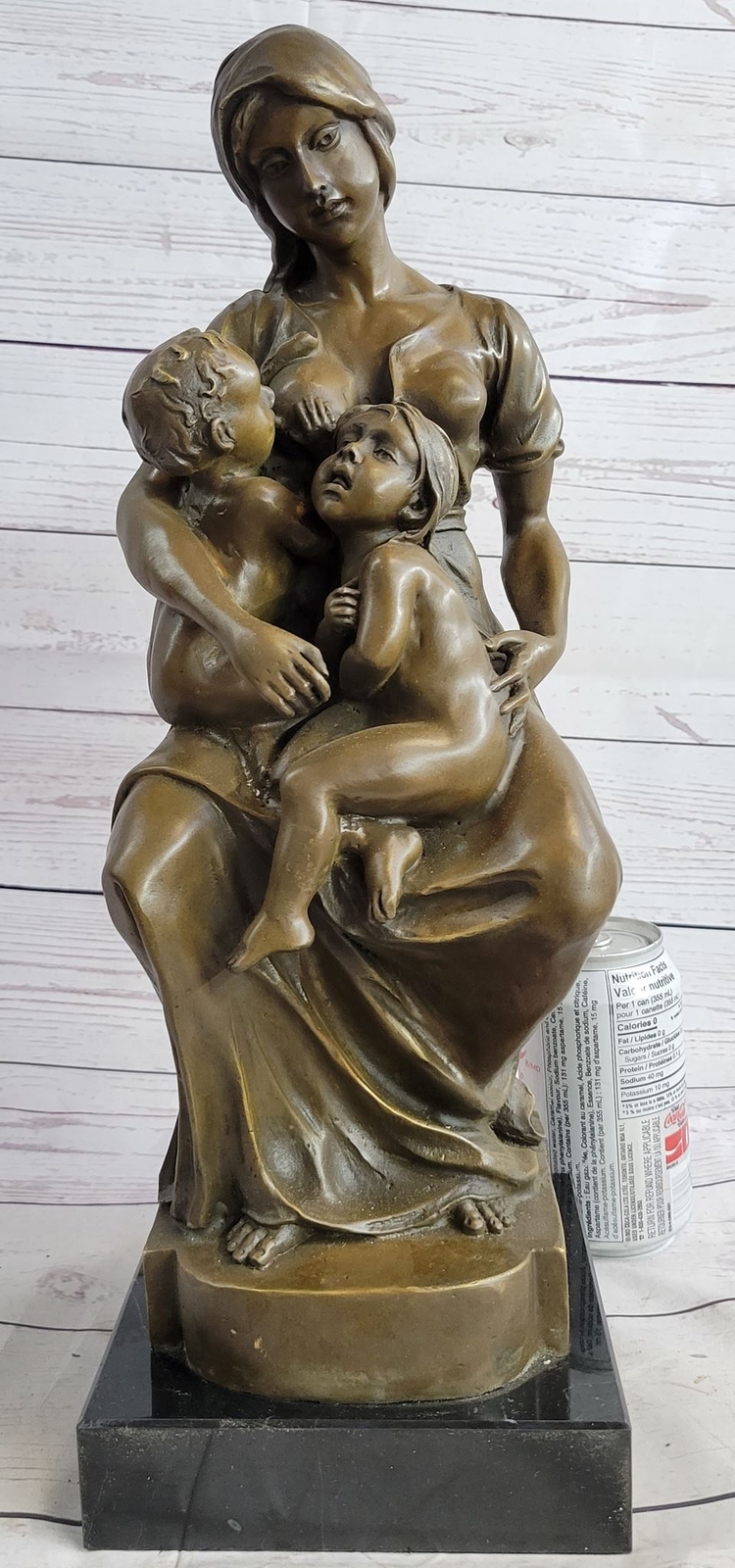 Semi Nude Bronze Sculpture Mother Breastfeeding Twins Signed Art Statue Decor