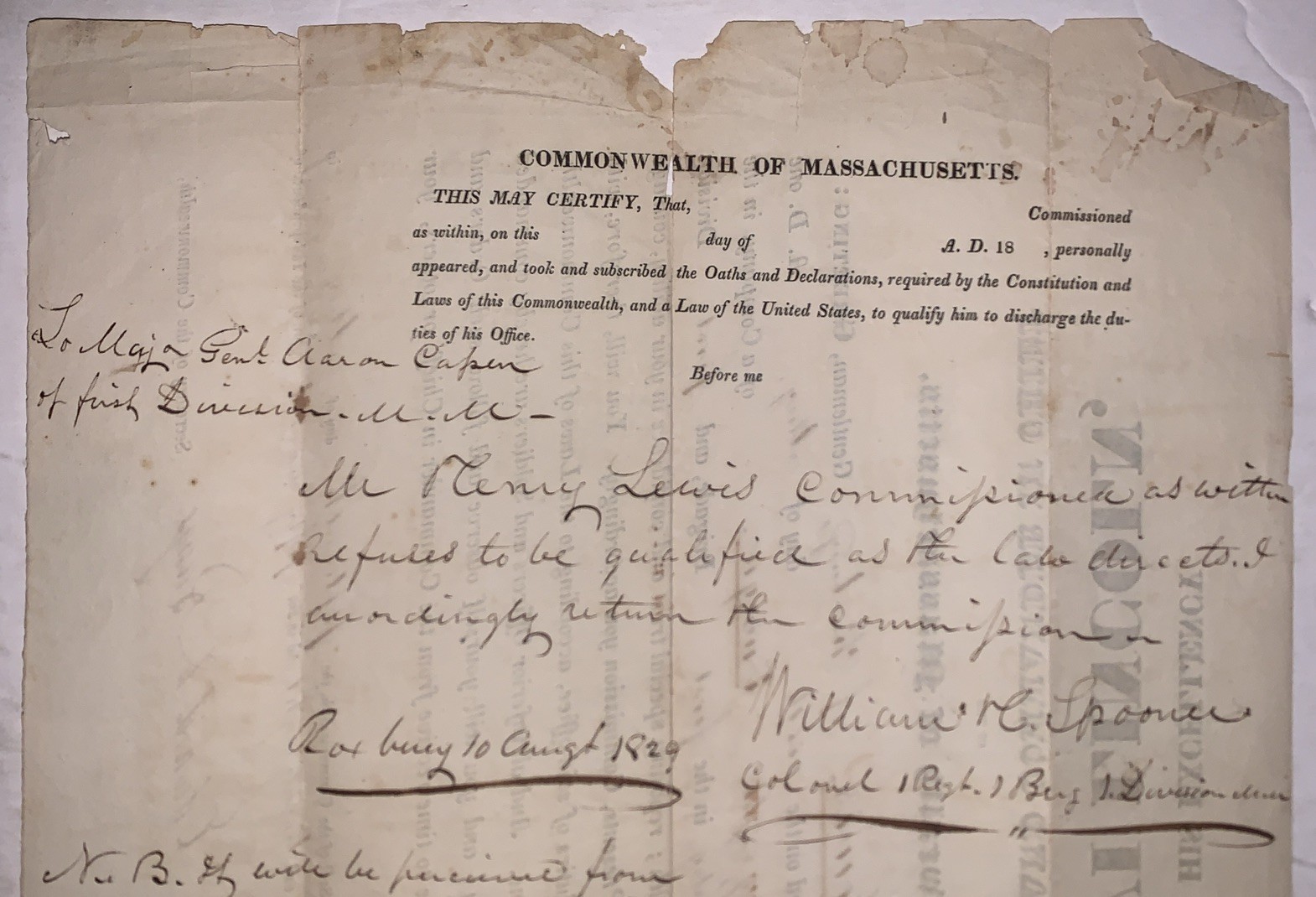 1828, SIGNED by LEVI LINCOLN, JR, MASSACHUSETTS MILITIA COMMISSION, w STATE SEAL