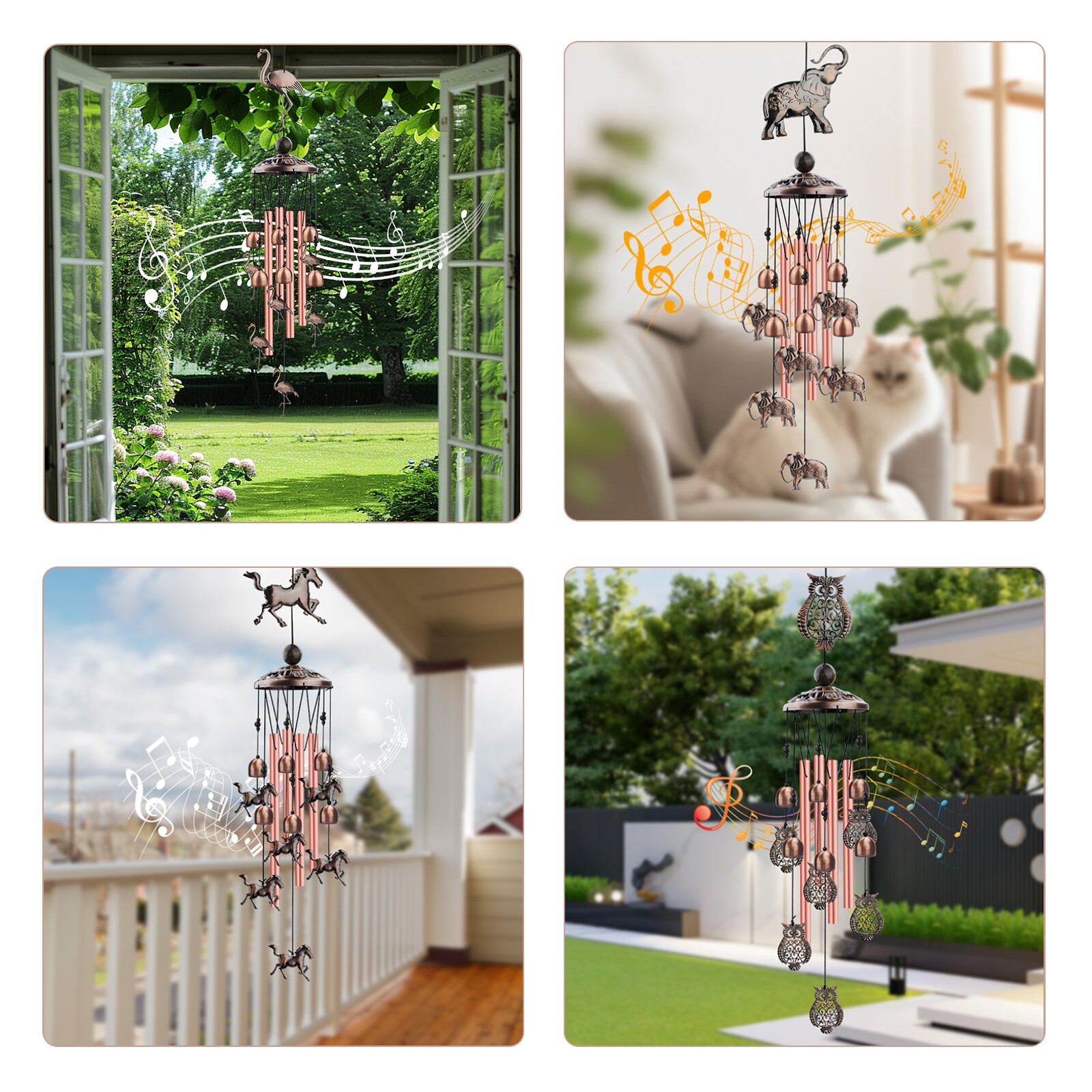 Animal Metal Wind Chimes, 4 Tubes Hanging Bells, Outdoor Garden Home Decor Gift