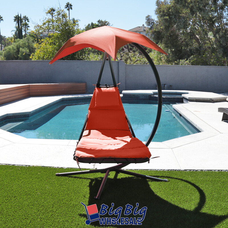 Patio Hanging Chaise Swing Lounge Chair Cushion Orange Outdoor Canopy Arc Stand
