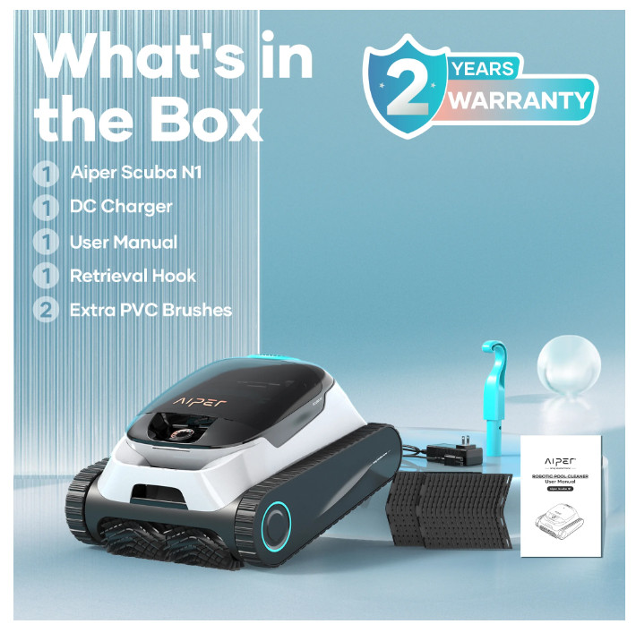 AIPER Scuba N1 Robotic Pool Vacuum Cleaner, Cordless, 2 Extra Brushes - Free shp