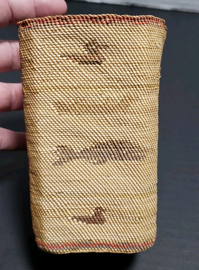 Vtg PNW Makah Native American Square Basket Animal Motif Whale Bird 3x5.5"
