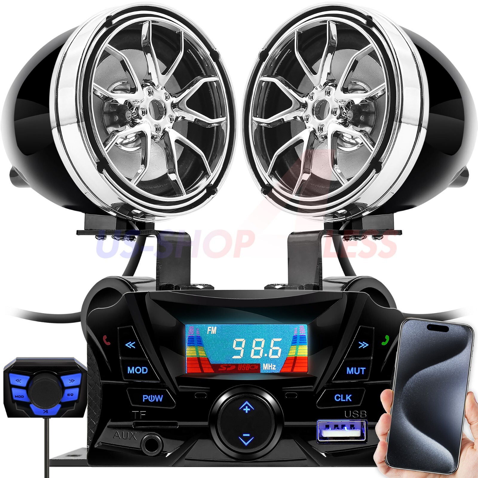 Bluetooth Motorcycle Stereo Chrome Speakers Audio Music System Scooter USB Radio