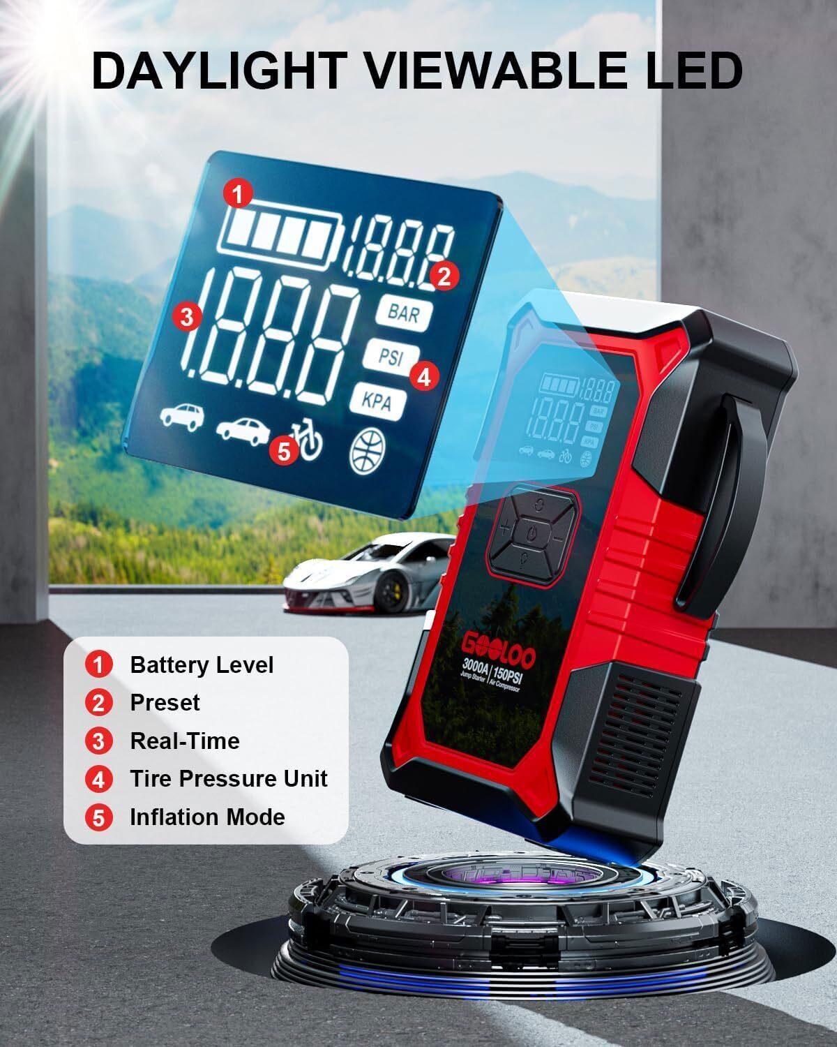 GOOLOO A3 Jump Starter with Air Compressor 3000A Portable Car Battery Booster US