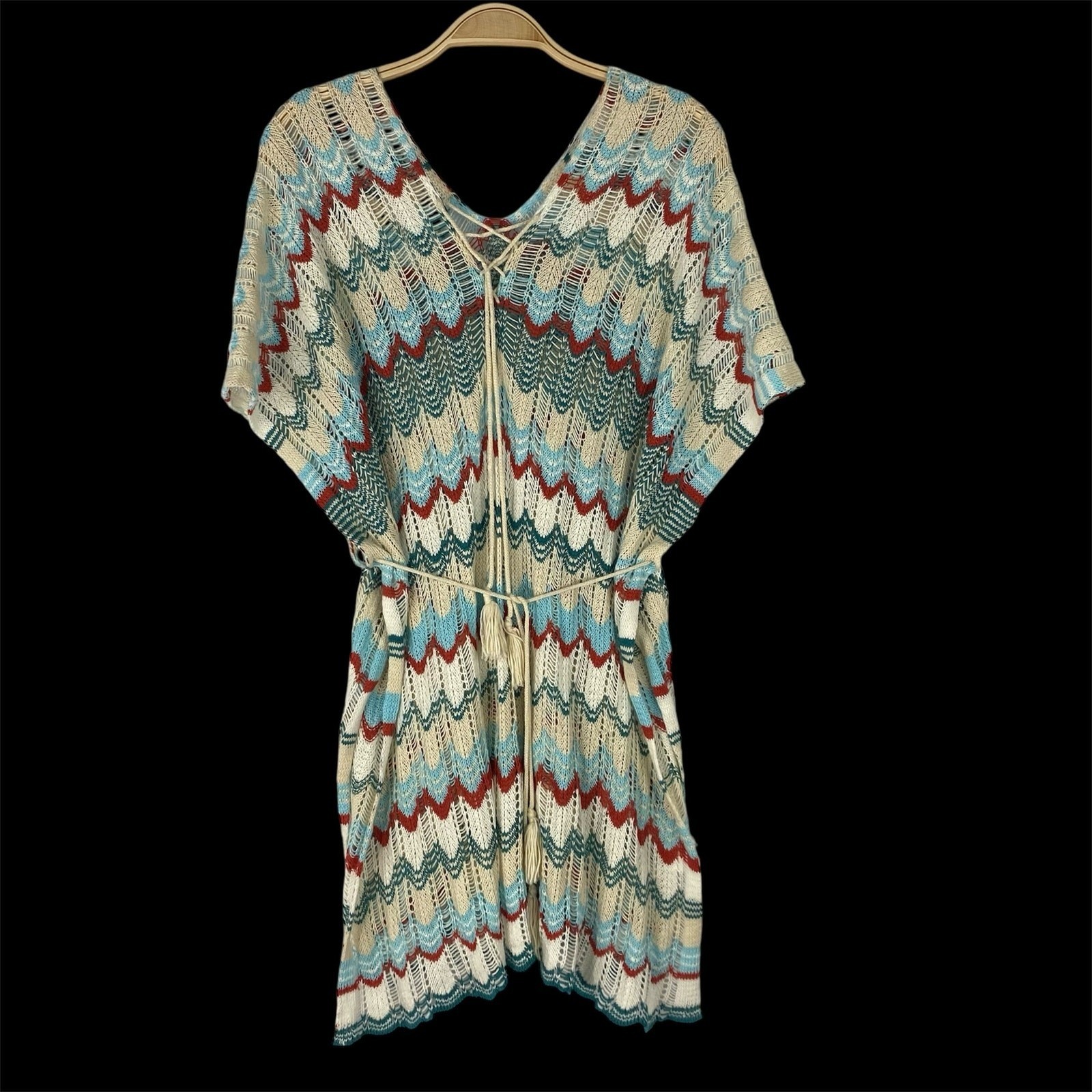 Boho Green Chevron Crochet Poncho Kimono Tunic Dress Beach Cover-Up Women OS NEW