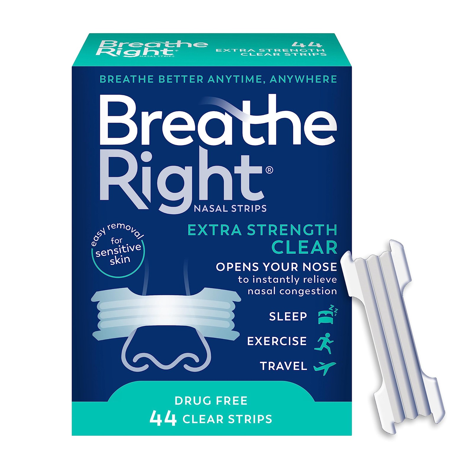 Breathe Right Nasal Strips | Extra Strength | 44 Count (Pack of 1), Clear