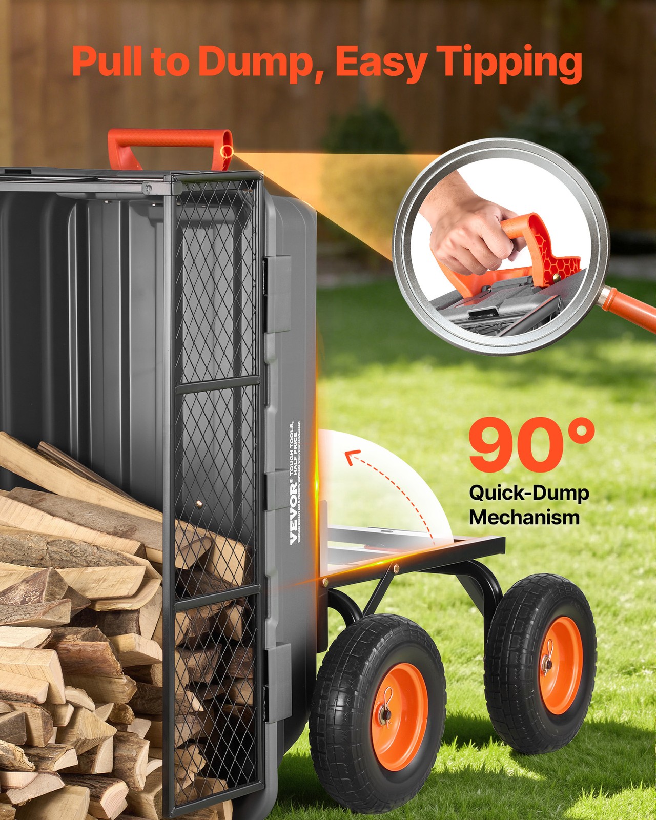 VEVOR Garden Dump Cart 1200lbs Poly Dump Cart with 2-in-1 Handle & Storage Fence