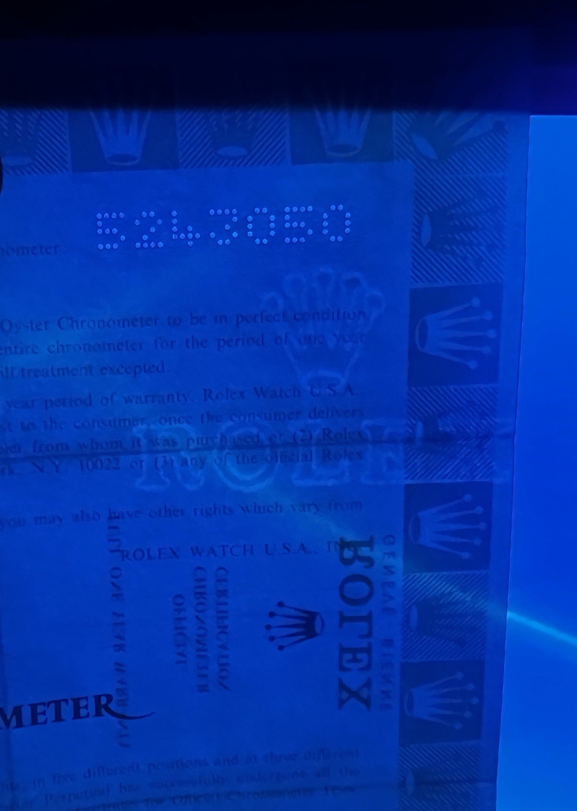 Rolex Official Watermark Certification Guarantee Blank 570.03.300 Warranty 1970s