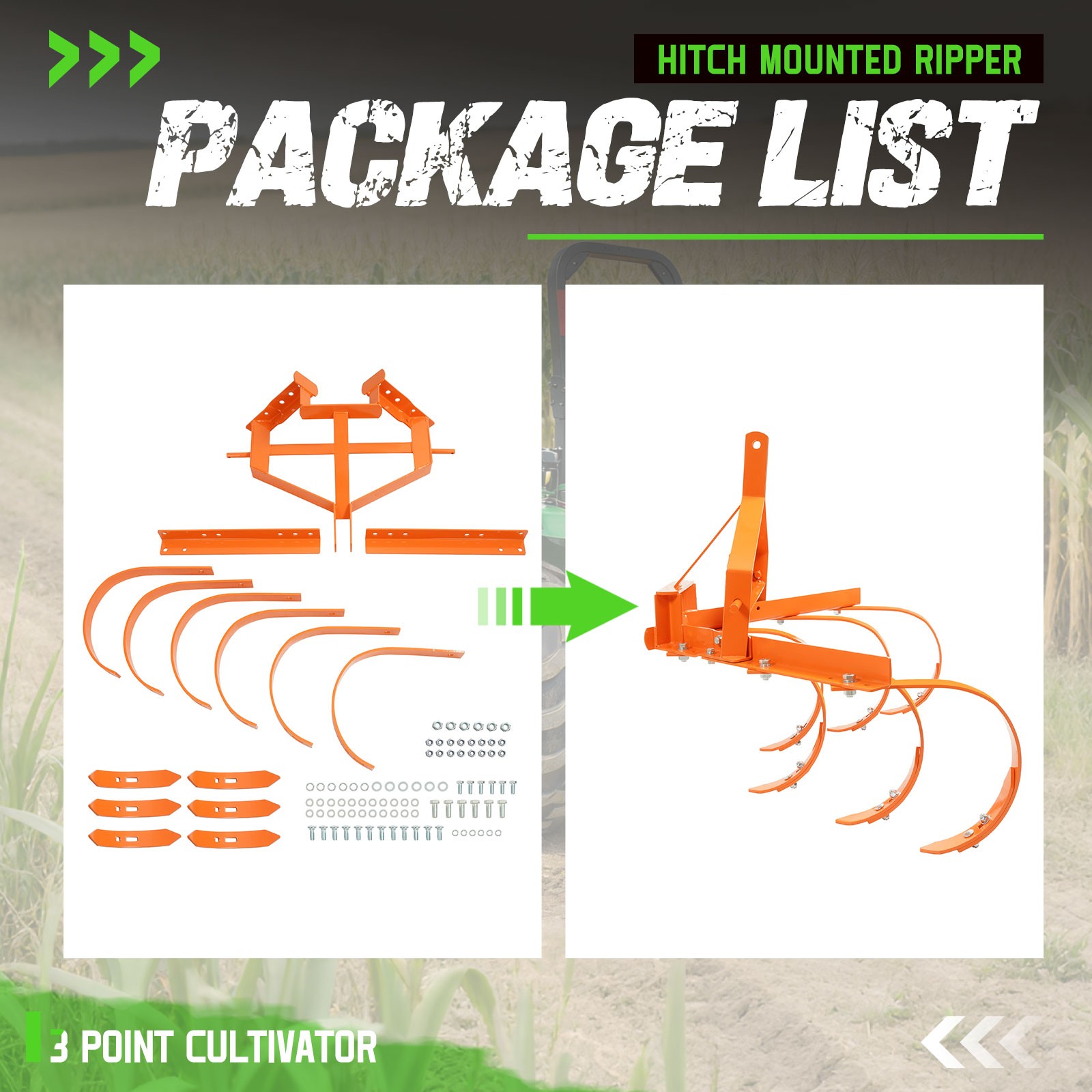 Cultivator with 6 Spring Steel Shanks 3 Point Quick Hitch Adujustable 18in-40in