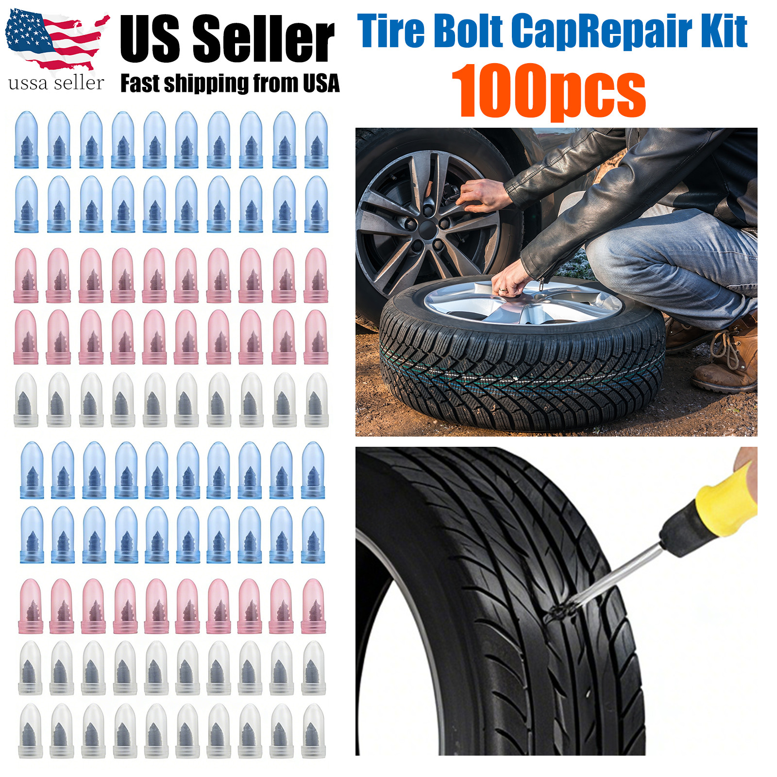 100PCS Tire Repair Screws Kit With Screwdriver 3 Sizes Rubber Plugs Flat Tires