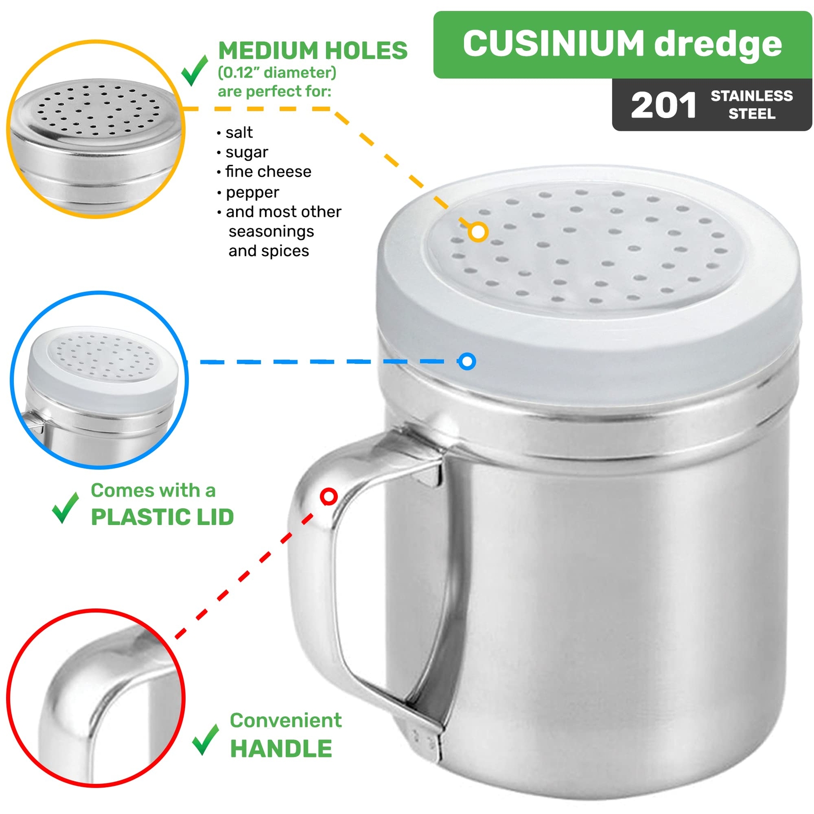 3 Pack Stainless Steel Dredge Shaker Powder Sugar Shaker Duster w/ Handle, 10oz