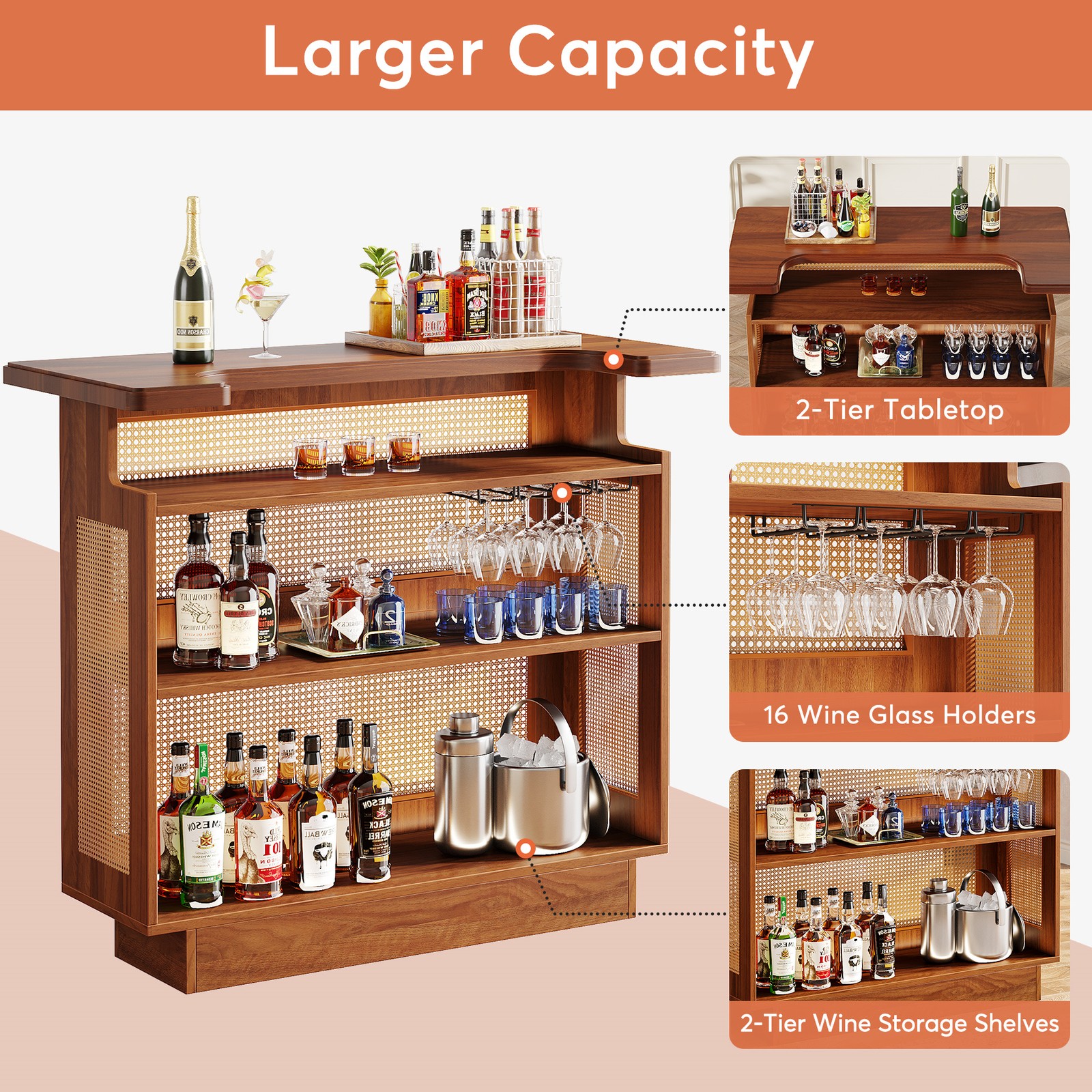 Home Bar Unit, 4-Tier Liquor Bar Table Mini Bar with Wine Racks and Glass Holder