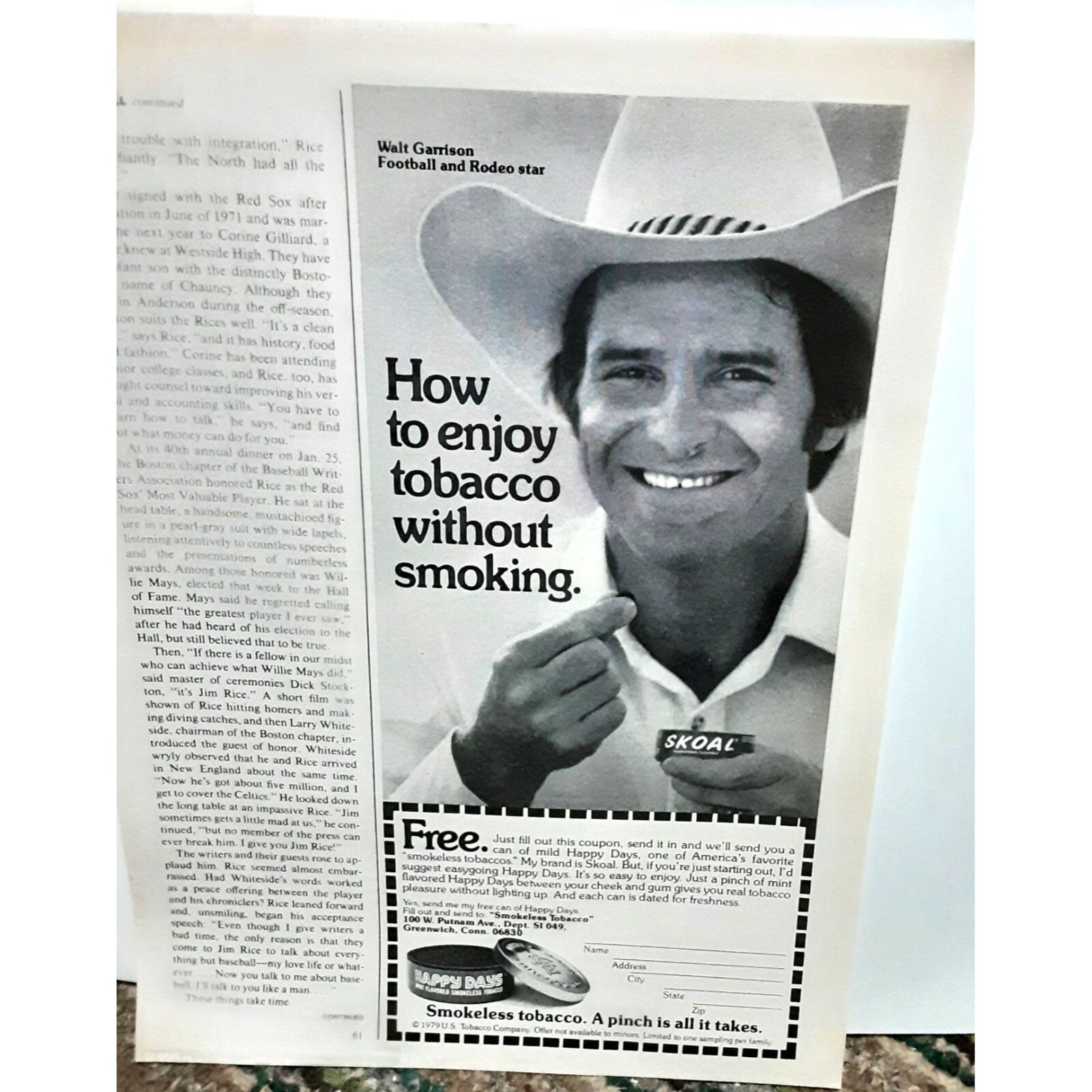 1979 Skoal Tobacco Walt Garrison Vintage Print Ad 70s Original