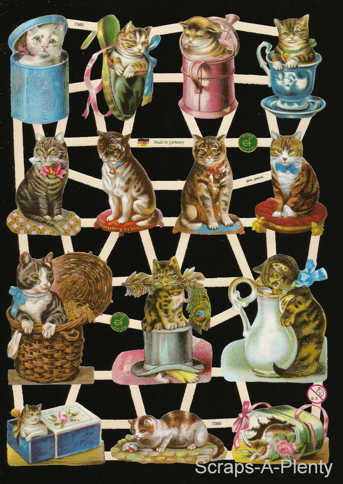 German Embossed Vintage Style Scrap Die Cut - Cats / Kitten In Containers EF7360