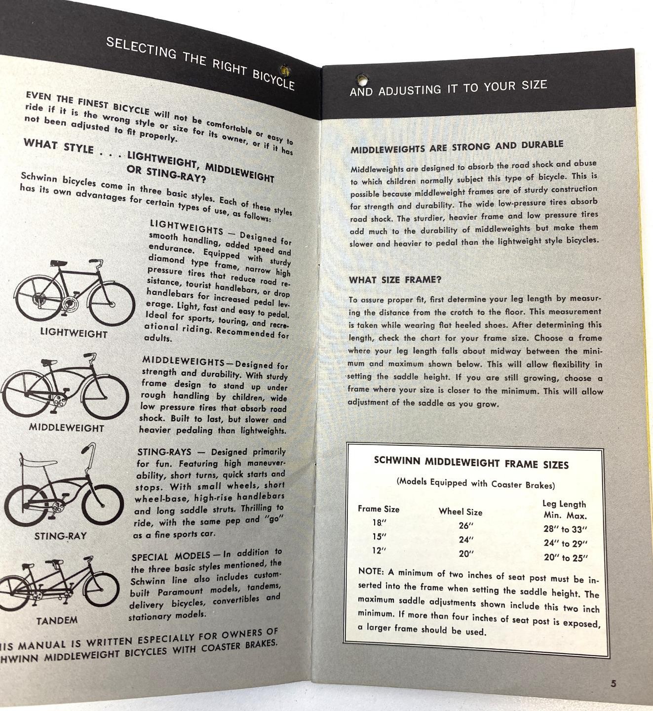 1969 Schwinn Middleweight Bicycles MANY MODELS Bicycle OWNERS MANUAL