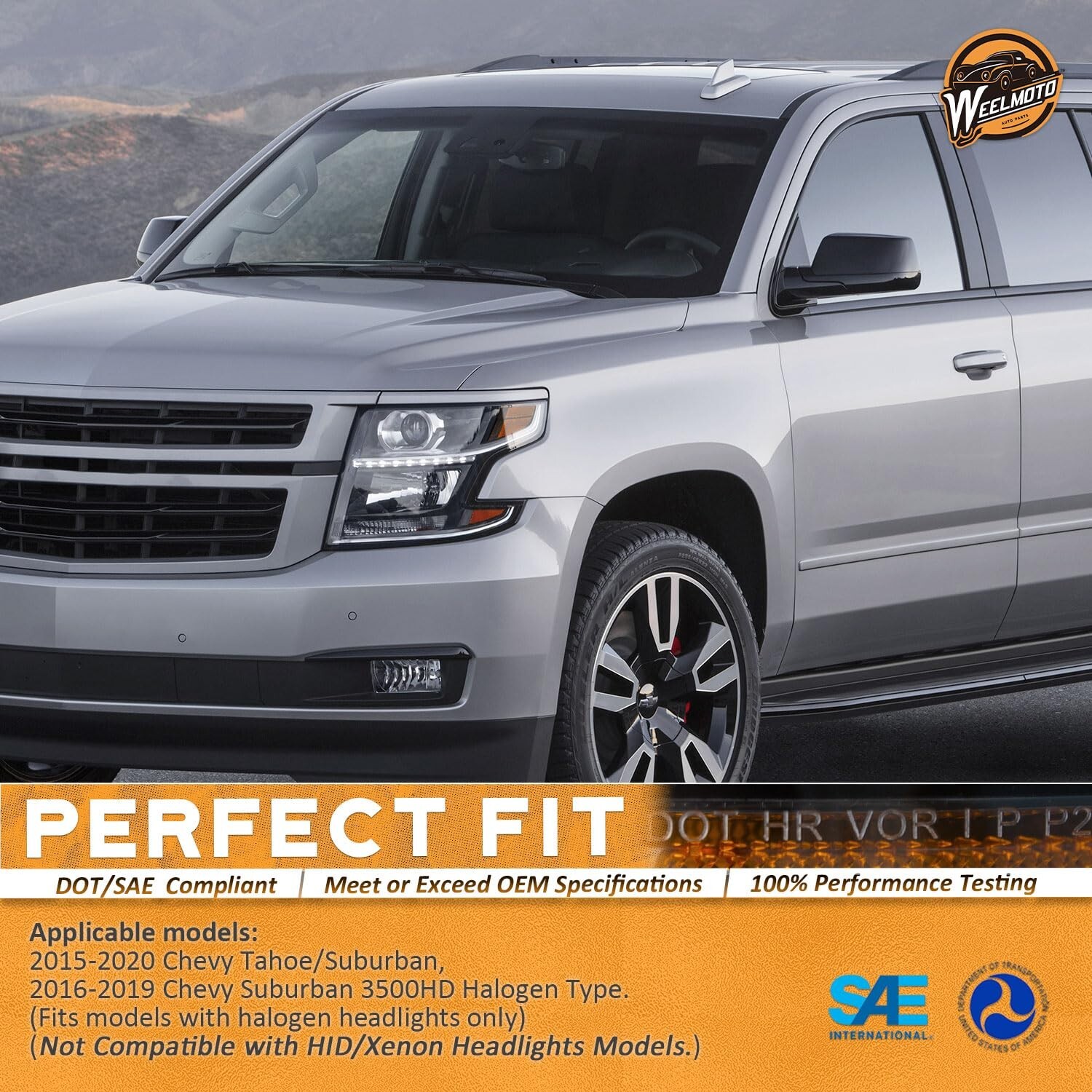 WEELMOTO Black Headlights For 2015-2020 Chevy Tahoe Suburban Chrome Lamps LH+RH