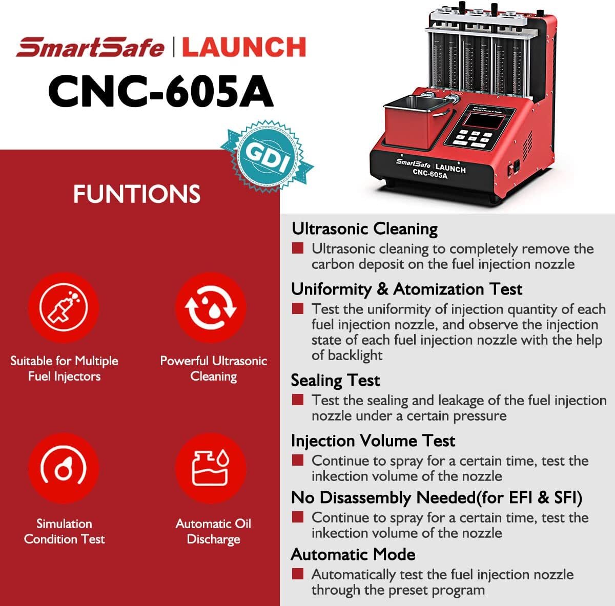 LAUNCH CNC605A Fuel Injector Cleaner Tester Kit Ultrasonic Cleaning Machine Used
