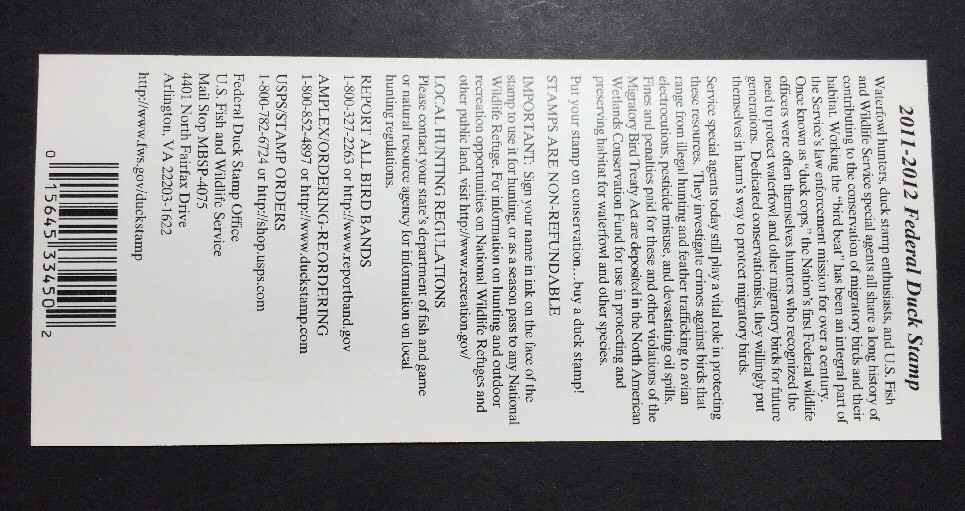 #RW78A 2011 - 2012 - US Federal Duck Stamp - Post Office FRESH