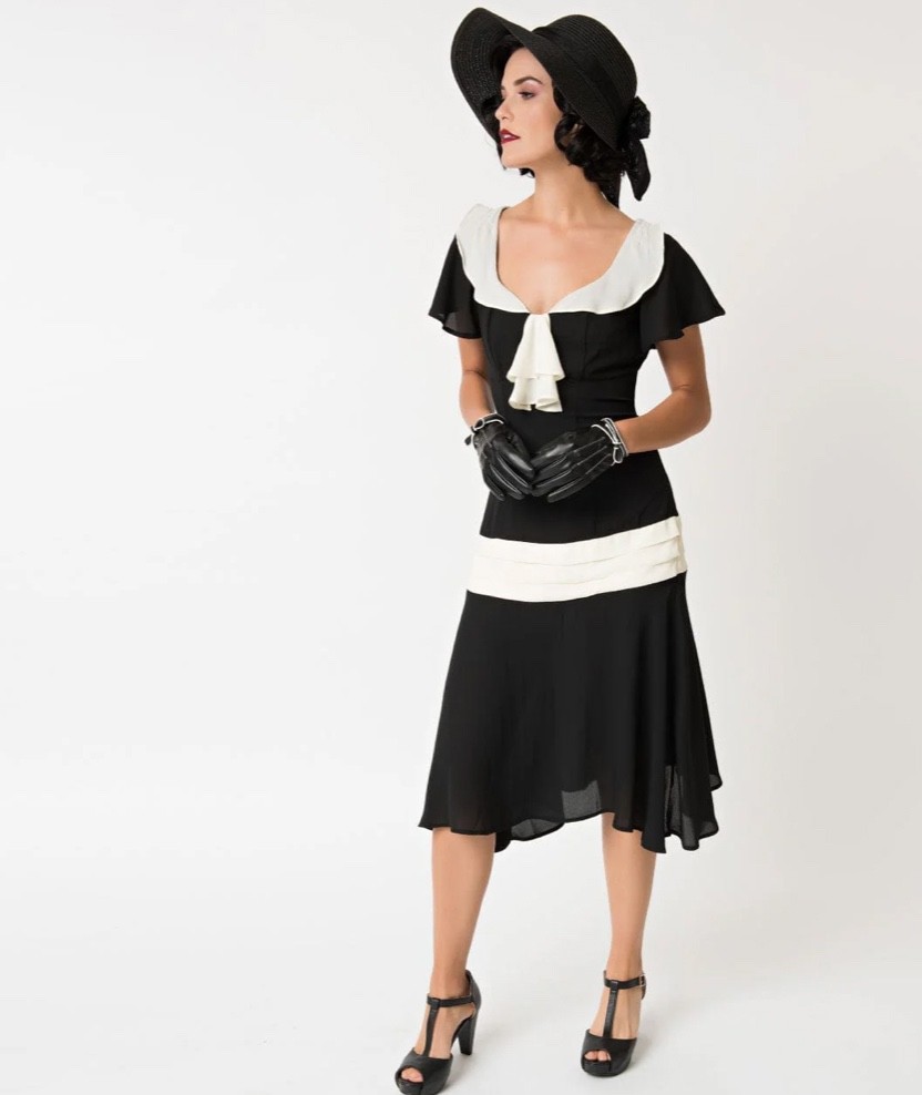 UNIQUE VINTAGE 1920s BLACK & CREAM WILSHIRE FLAPPER DAY DRESS - NEW