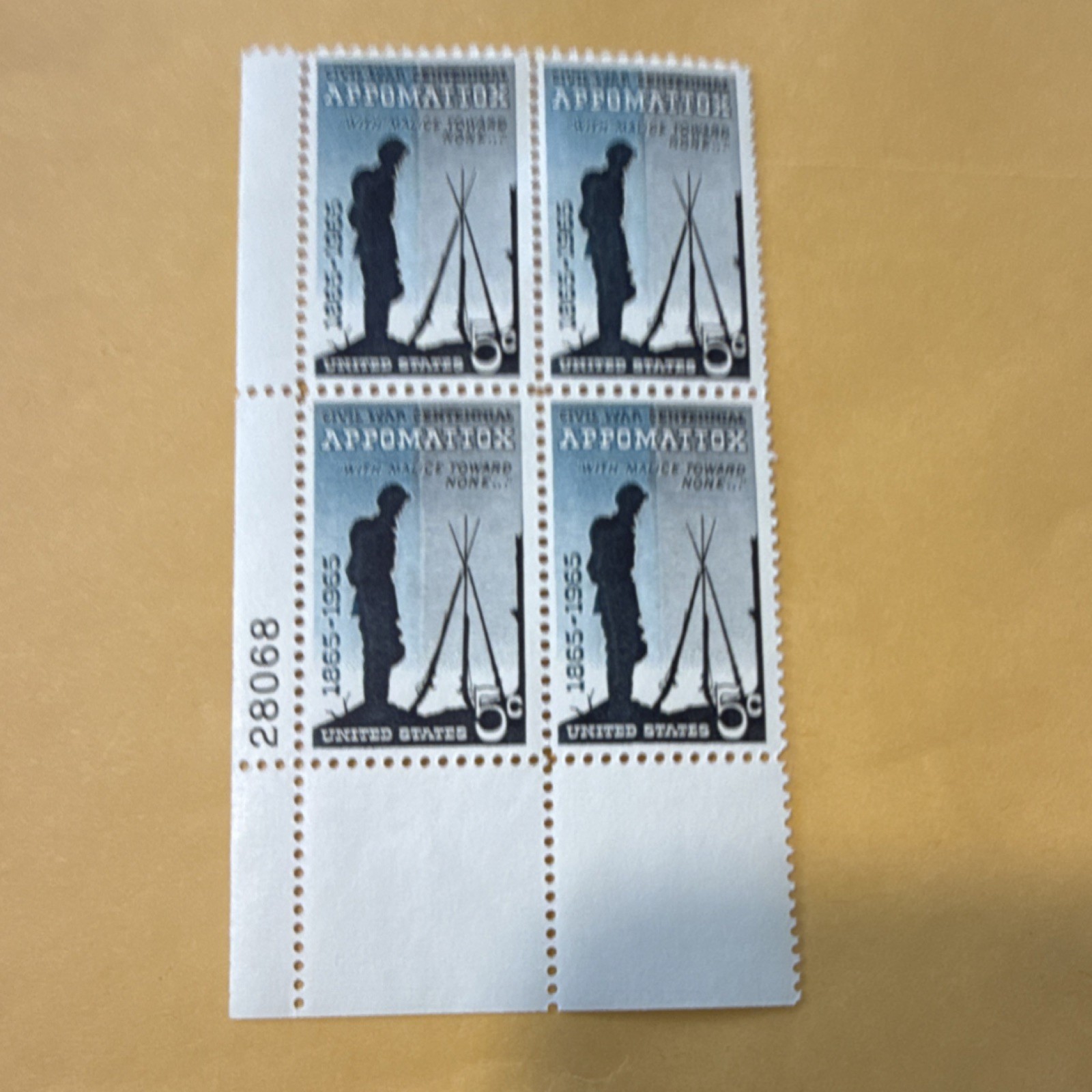 Appomattox Civil War Plate Block 5 Cent Blue Black White 1961-1970 US MNH