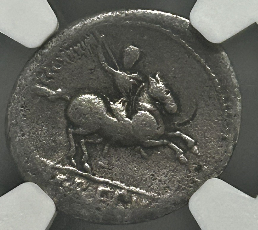 Pub Crepusius AR Denarius 82 BC Apollo Scepter Horseman Spear NGC VG