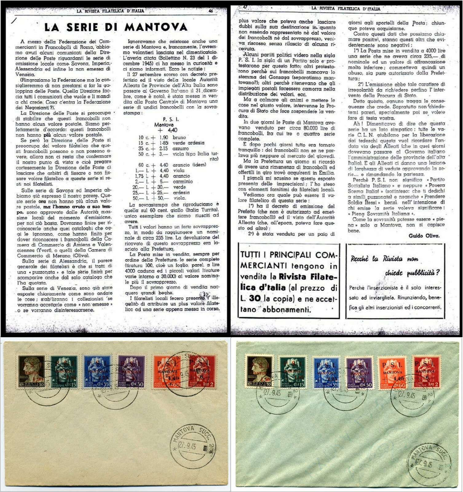PSI MANTOVA CLN - 3 excellent rare stamps - 1 very rare typeset freak 1945 (159)