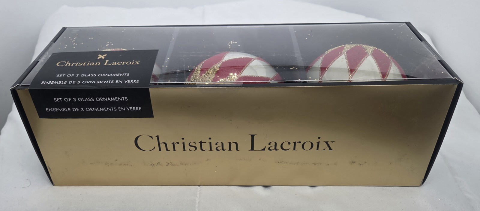 Set of 3 Christian Lacroix Harlequin Glass 4" Christmas Ornaments Gold Red White