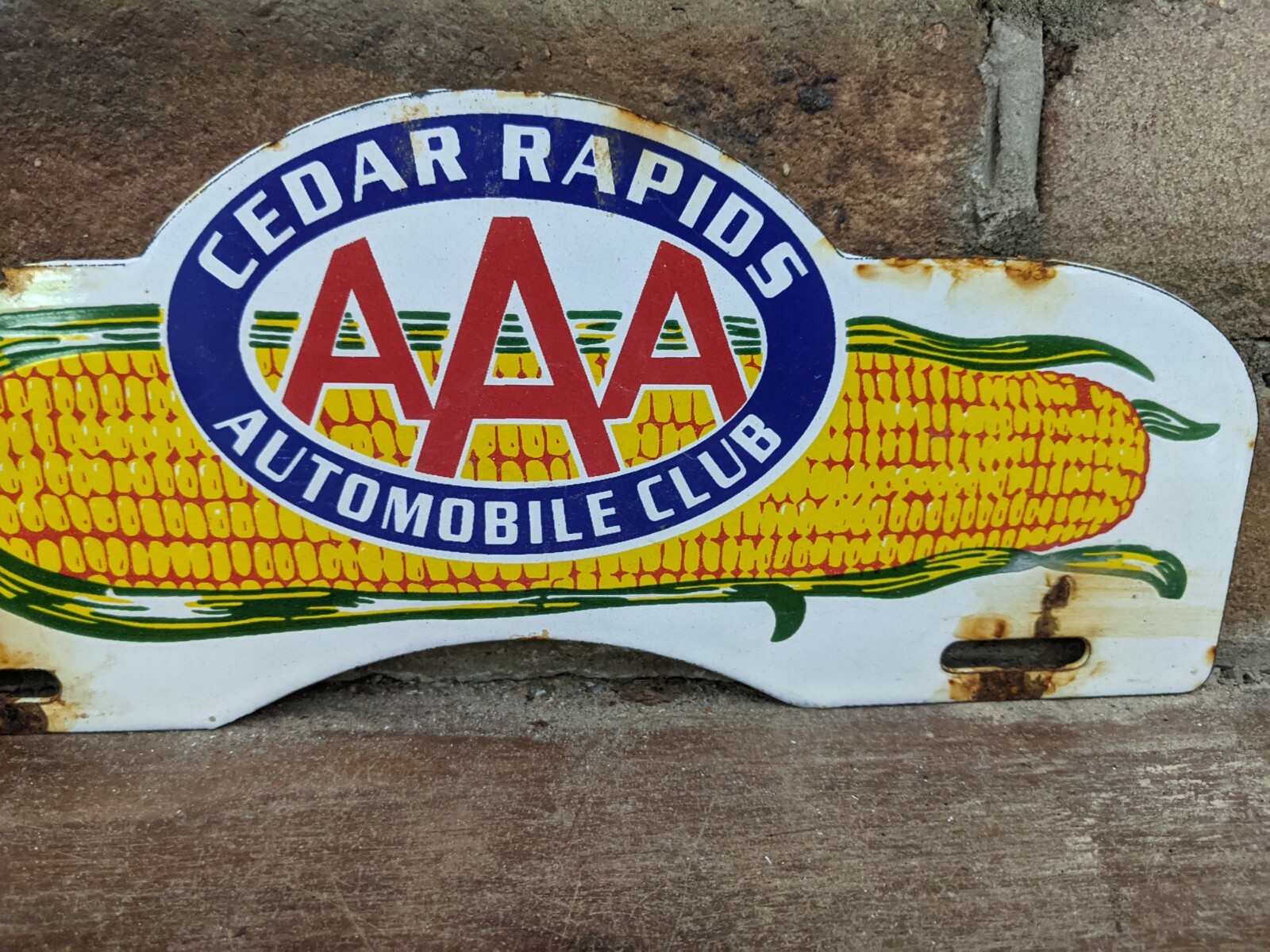 VINTAGE CEDAR RAPIDS AAA CORN PORCELAIN LICENSE PLATE HOLDER SIGN 11" X 4.5"
