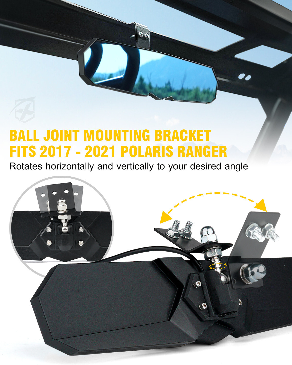 13inch UTV 1.75"-2" Rear View Center Mirror Convex for 2017- 2023 Polaris Ranger