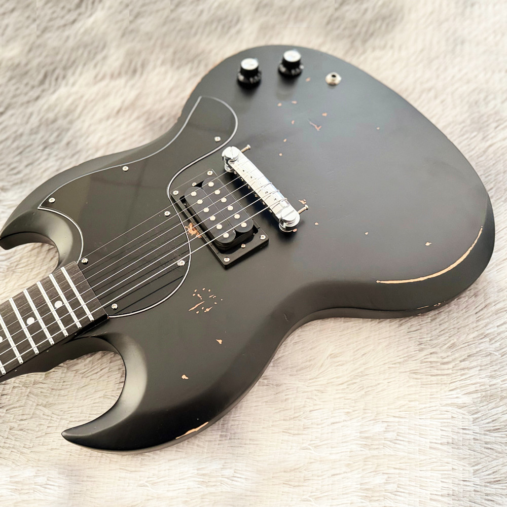 SG Electric Guitar, Matte Black Relic Finish, Single Humbucker Pickup, Aged Hard