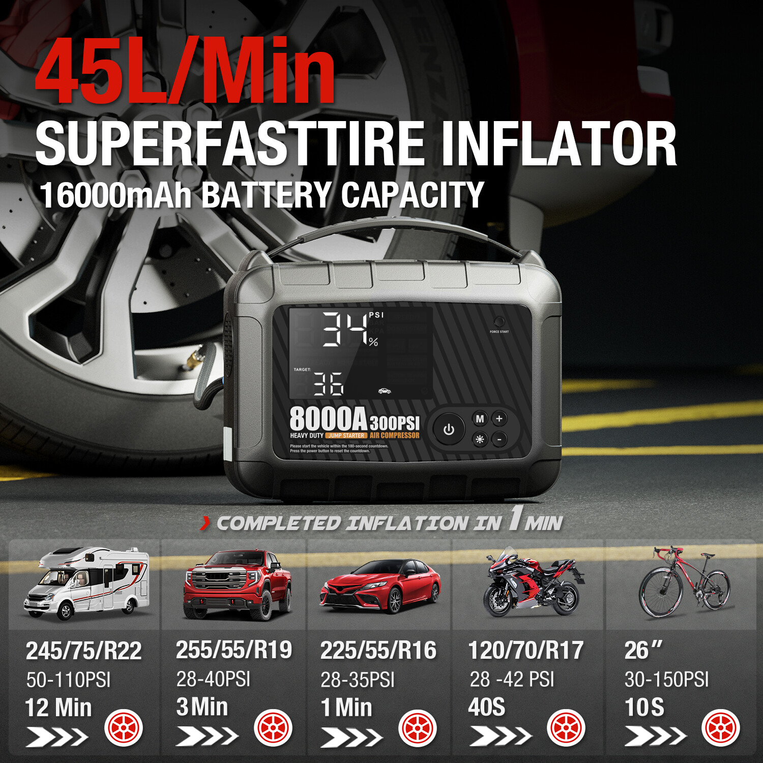 AdoreTrip 8000A Jump Starter +300PSI Air Compressor Battery Power Bank Emergency