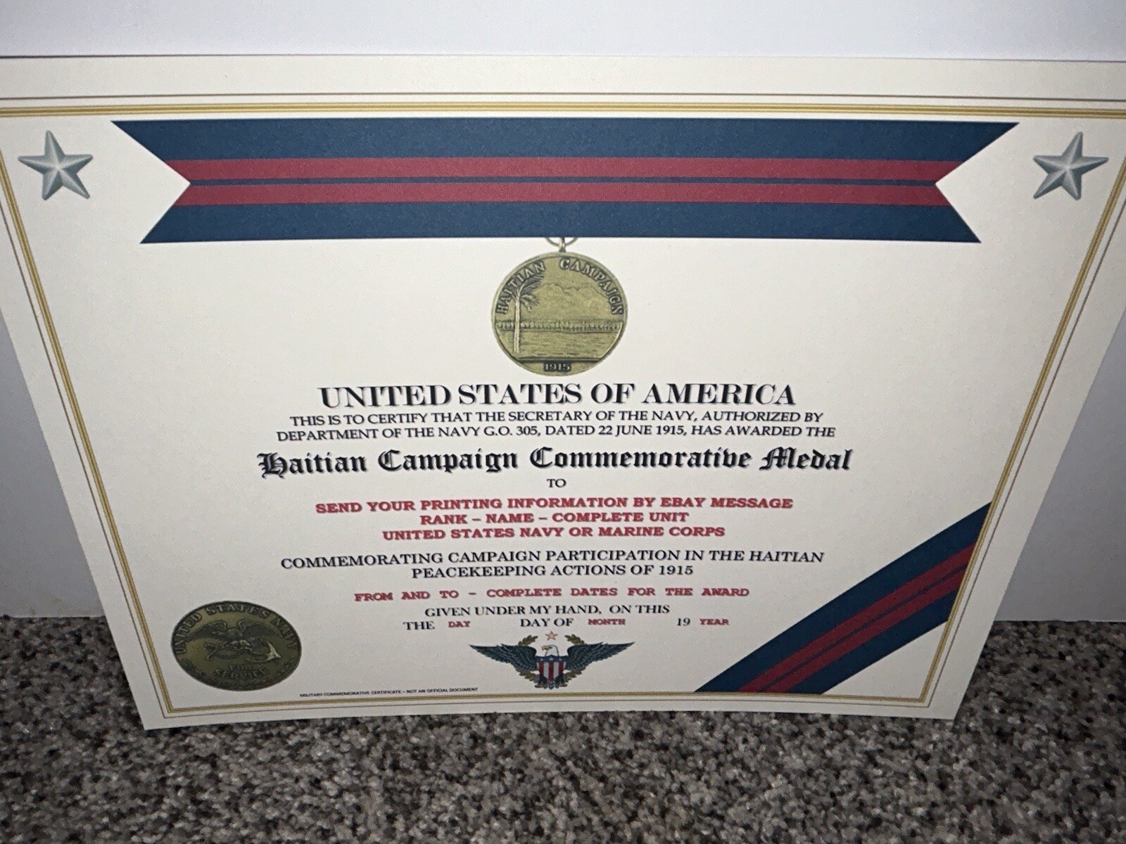 HAITIAN CAMPAIGN (NAVY) COMMEMORATIVE MEDAL CERTIFICATE ~ W/PRINTING TYPE-1