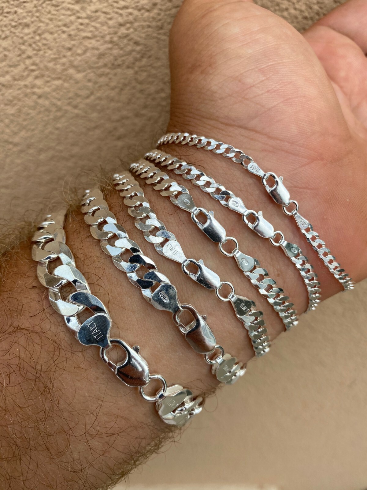 Real Solid 925 Sterling Silver Flat Curb Cuban Link Bracelet 3-10mm ITALY MADE