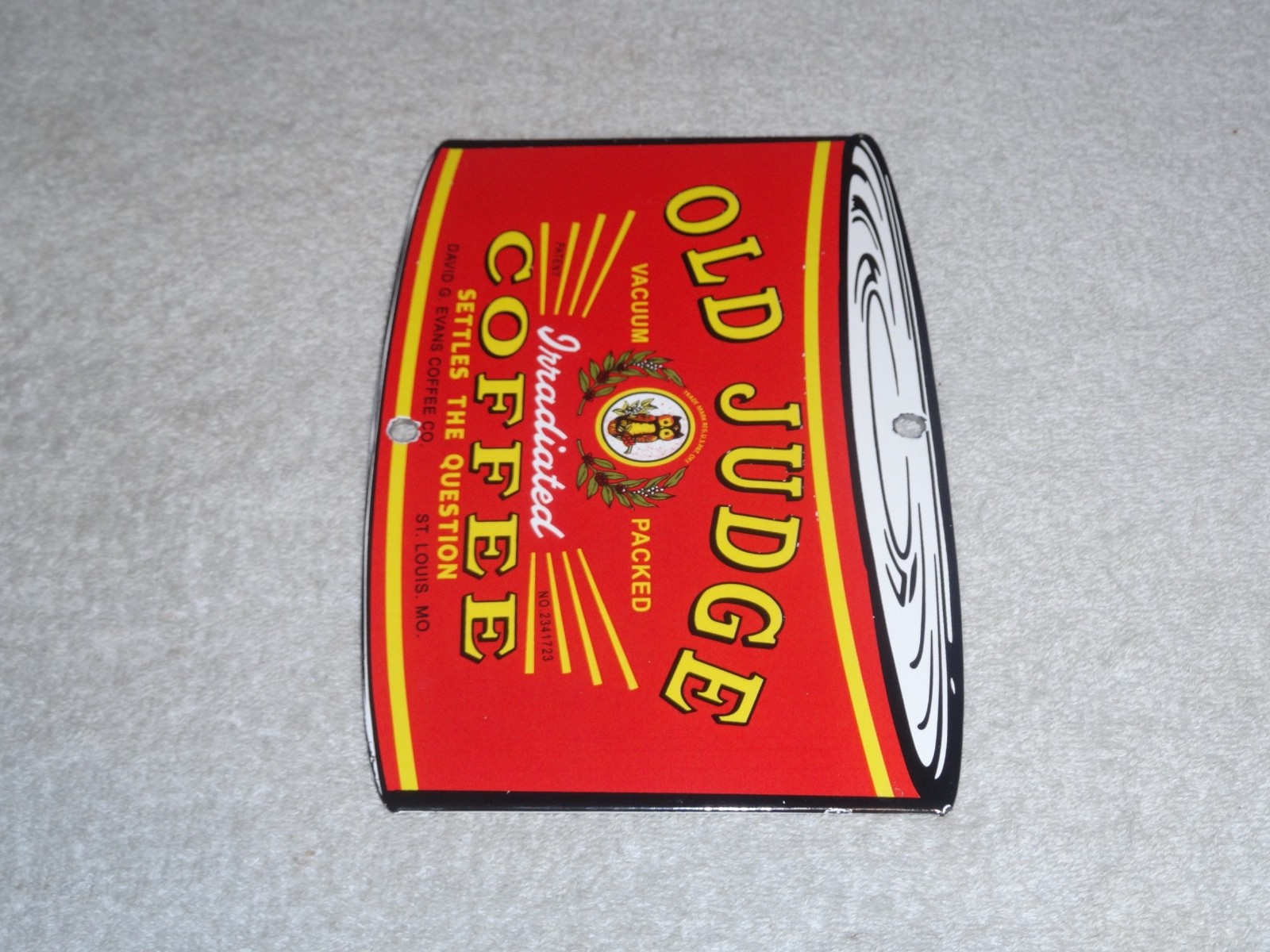 VINTAGE OLD JUDGE COFFEE CAN +OWL 7 3/4" PORCELAIN METAL SODA, GASOLINE OIL SIGN