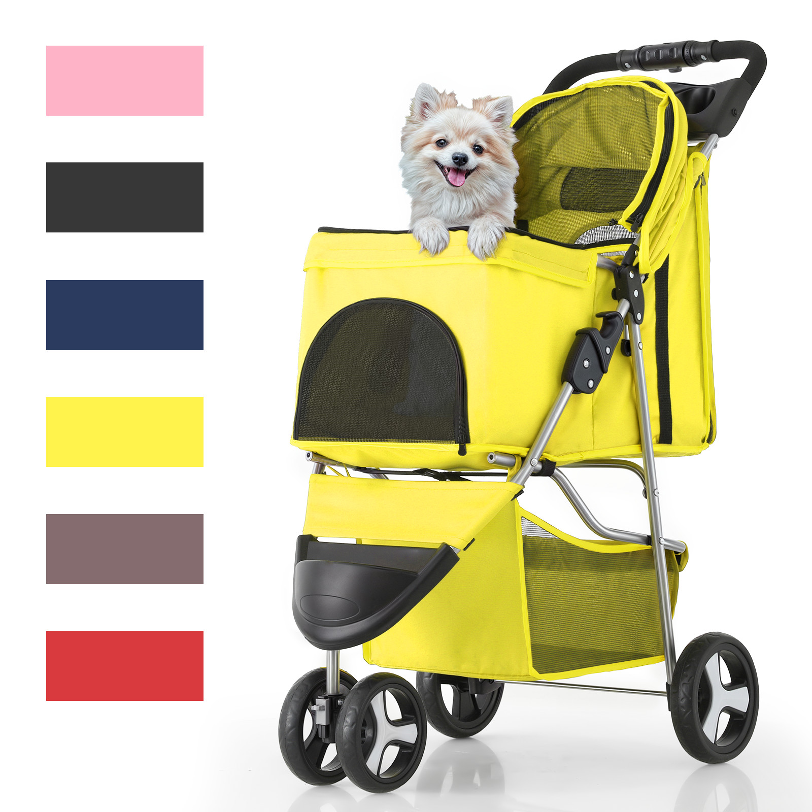 Yellow Foldable Dog Stroller Portable Pet Cat Carrier Cart w/Adjustable Sunshade