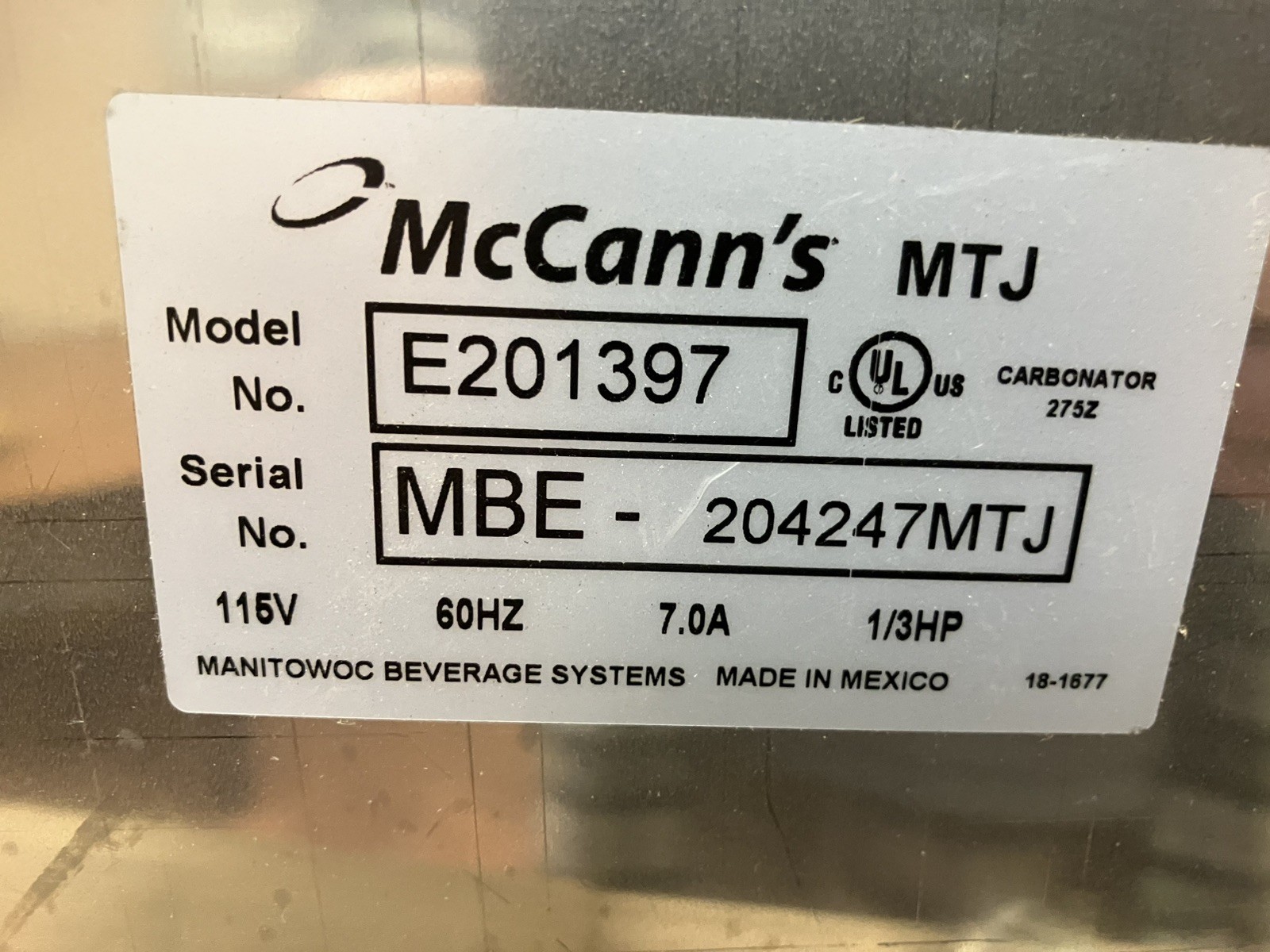 McCann's MTJ Cold Carbonation Non- Recirculating Carbonator E201397 MBE
