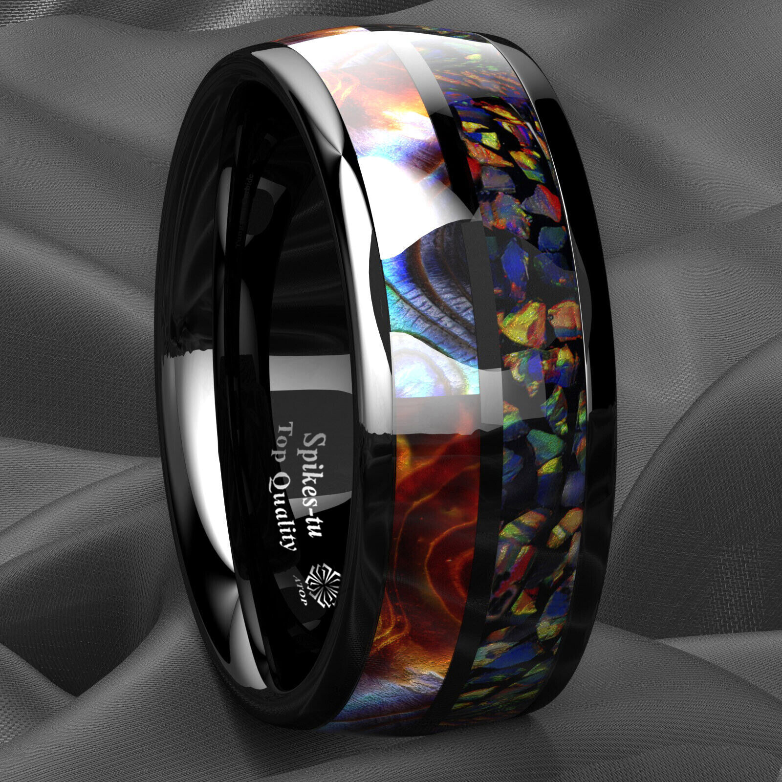 8/6mm Black Tungsten Ring Hawaiian Opal and Abalone Inlay Men ATOP Wedding Band